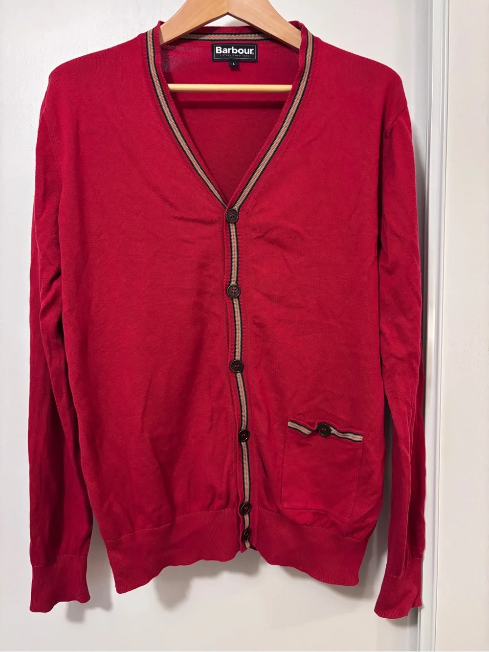 Barbour Mens Cardigan Size Large Red Stripes Trim Pocket Academia Preppy Varsity